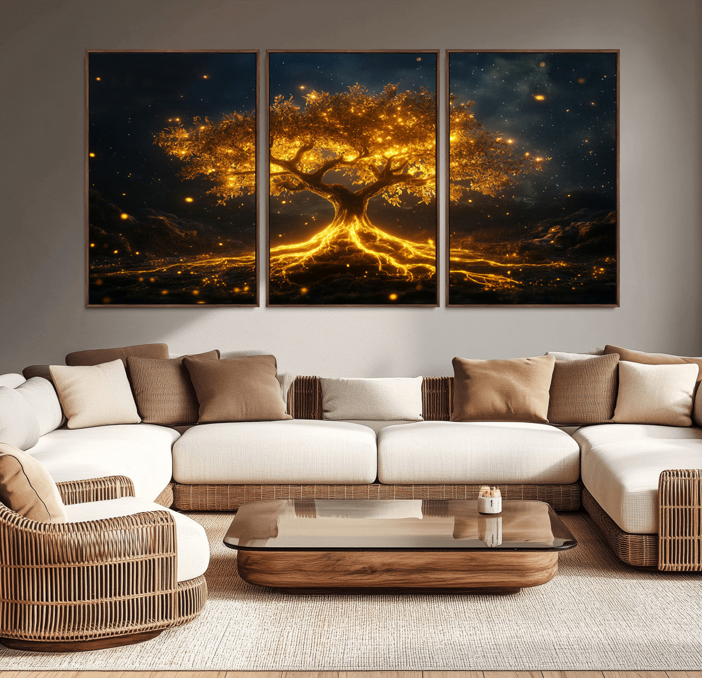 MGV-FC-60X30-3P - Golden Tree of Life Canvas Wall Art Print - Majestic Glowing Tree Design for Living Room, Office, or