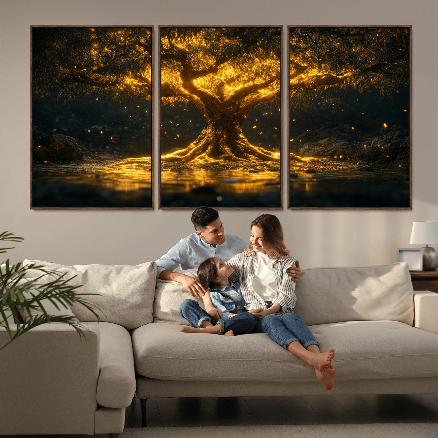 MGV-FC-60X30-3P - Golden Tree of Life Canvas Wall Art Print - Majestic Glowing Tree Wall Art Print