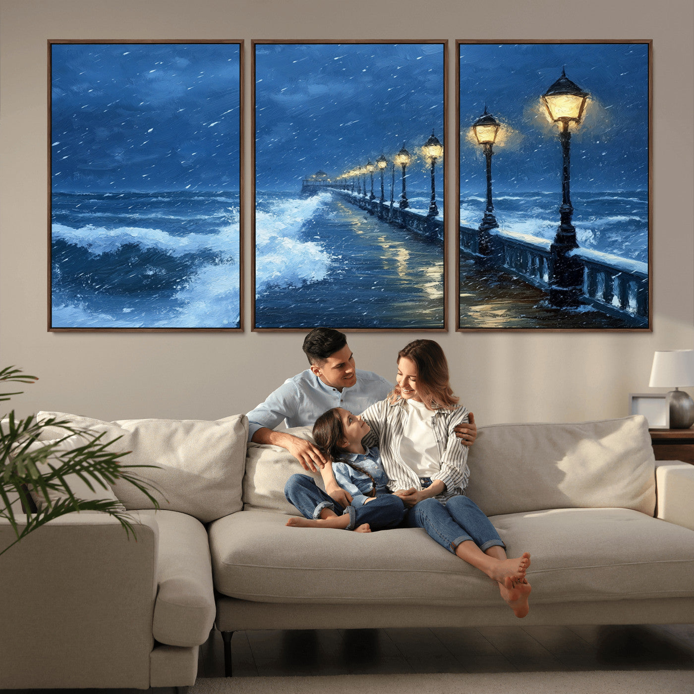 MGV-FC-60X30-3P - Stormy Ocean Pier Lights Canvas Wall Art Print - Large Moody Night Scene for Living Room, or Office,