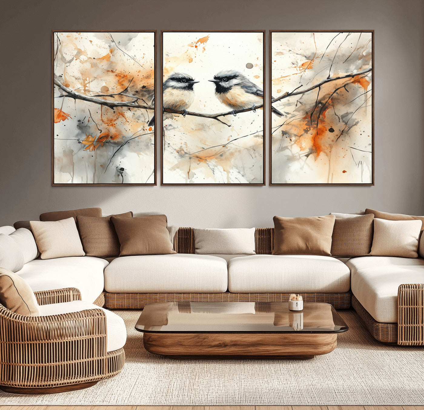 A soft and elegant watercolor painting of two chickadees perched on a delicate branch, surrounded by splashes of orange and neutral tones evoking a calm autumn day.