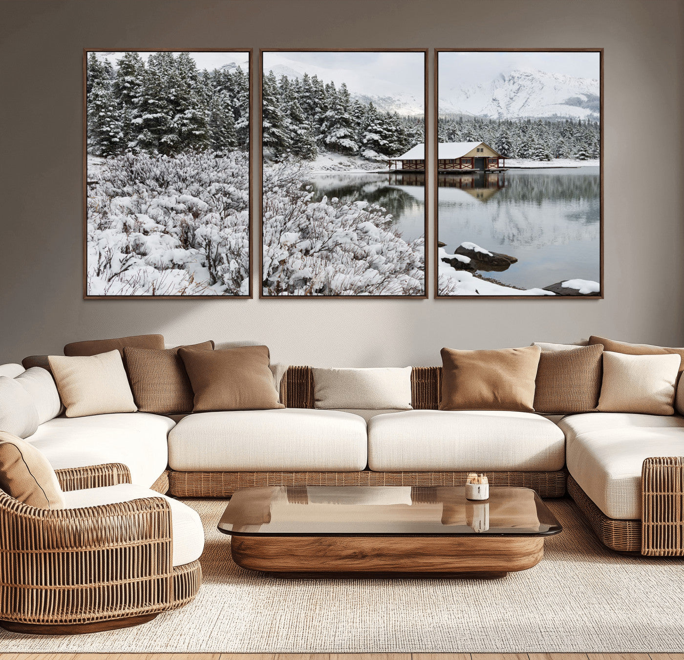 MGV-FC-60X30-3P - Winter Wall Art - Cabin by the Lake Canvas Wall Art - Serene Snowy Landscape with Mountain View,