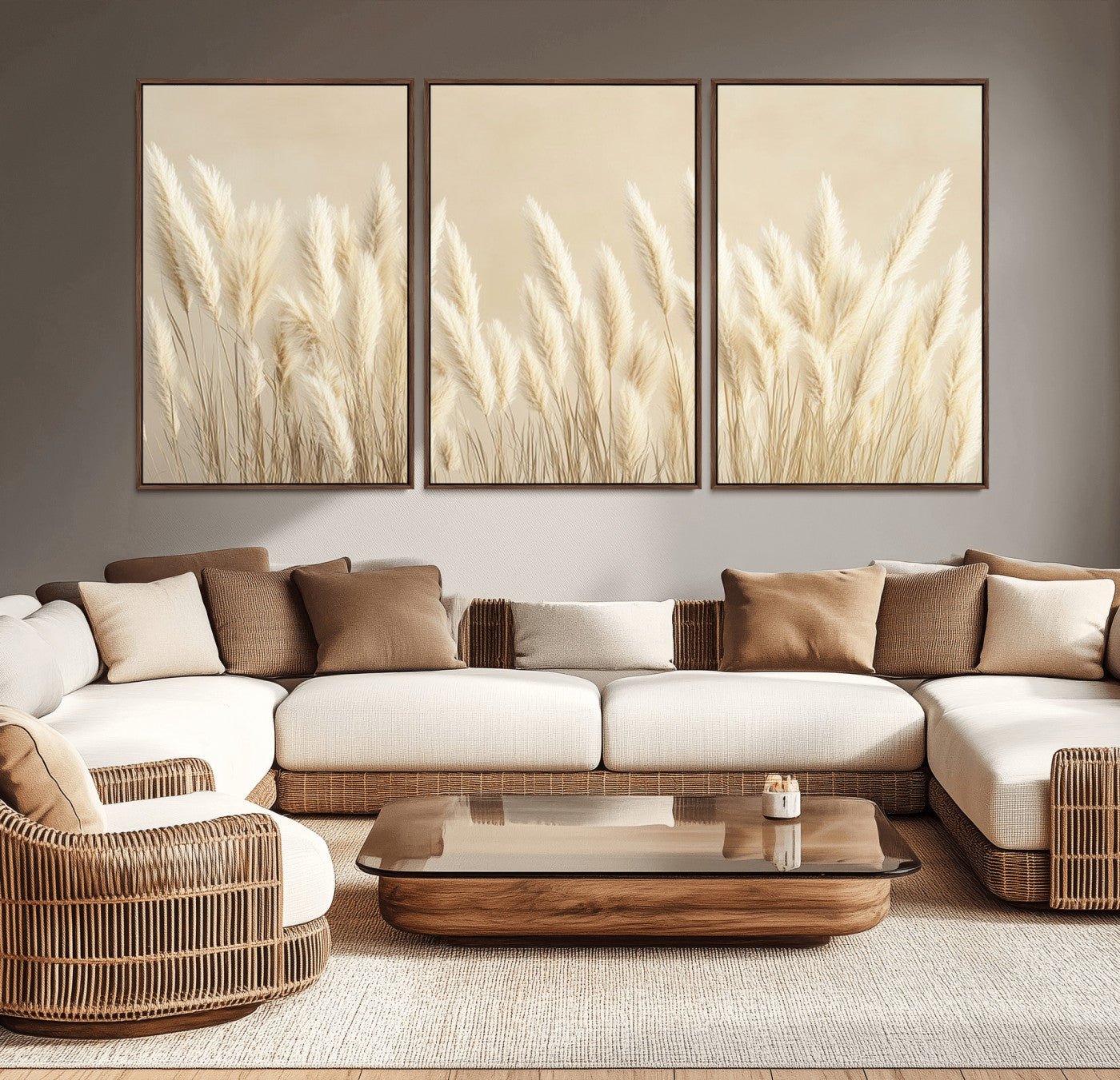 MGV-FC-60X30-3P - Grass Wall Art Print - Elegant Neutral Decor for Living Room, Boho Minimalist Artwork, Ready to Hang