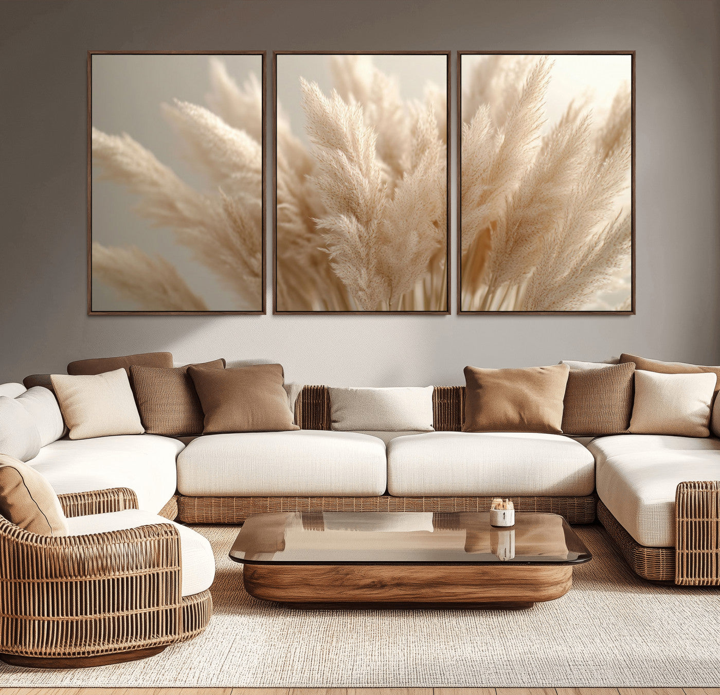 MGV-FC-60X30-3P - Pampas Grass Canvas Wall Art - Elegant Neutral Decor for Living Room, Boho Minimalist Artwork, Ready
