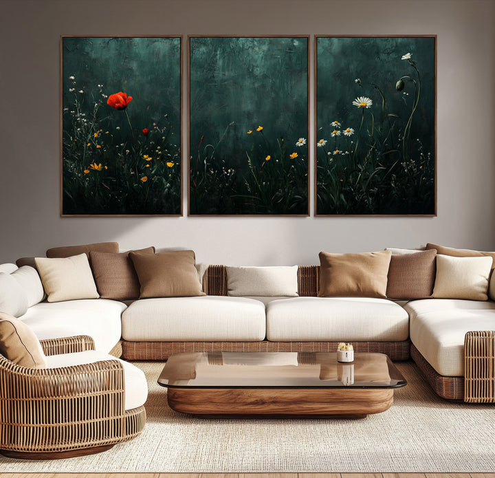 Wildflower Field Framed Wall Art, Vintage Botanical Landscape Sign, Botanical Wall Art, Modern Farmhouse Canvas Art, Field Of Flowers Canvas Print