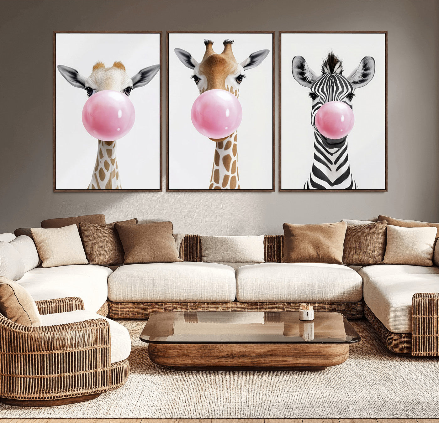 MGV-FC-60X30-3P - Bubblegum Animals Canvas Wall Art - Playful Giraffe and Zebra Trio, Fun Nursery Decor for Kids'