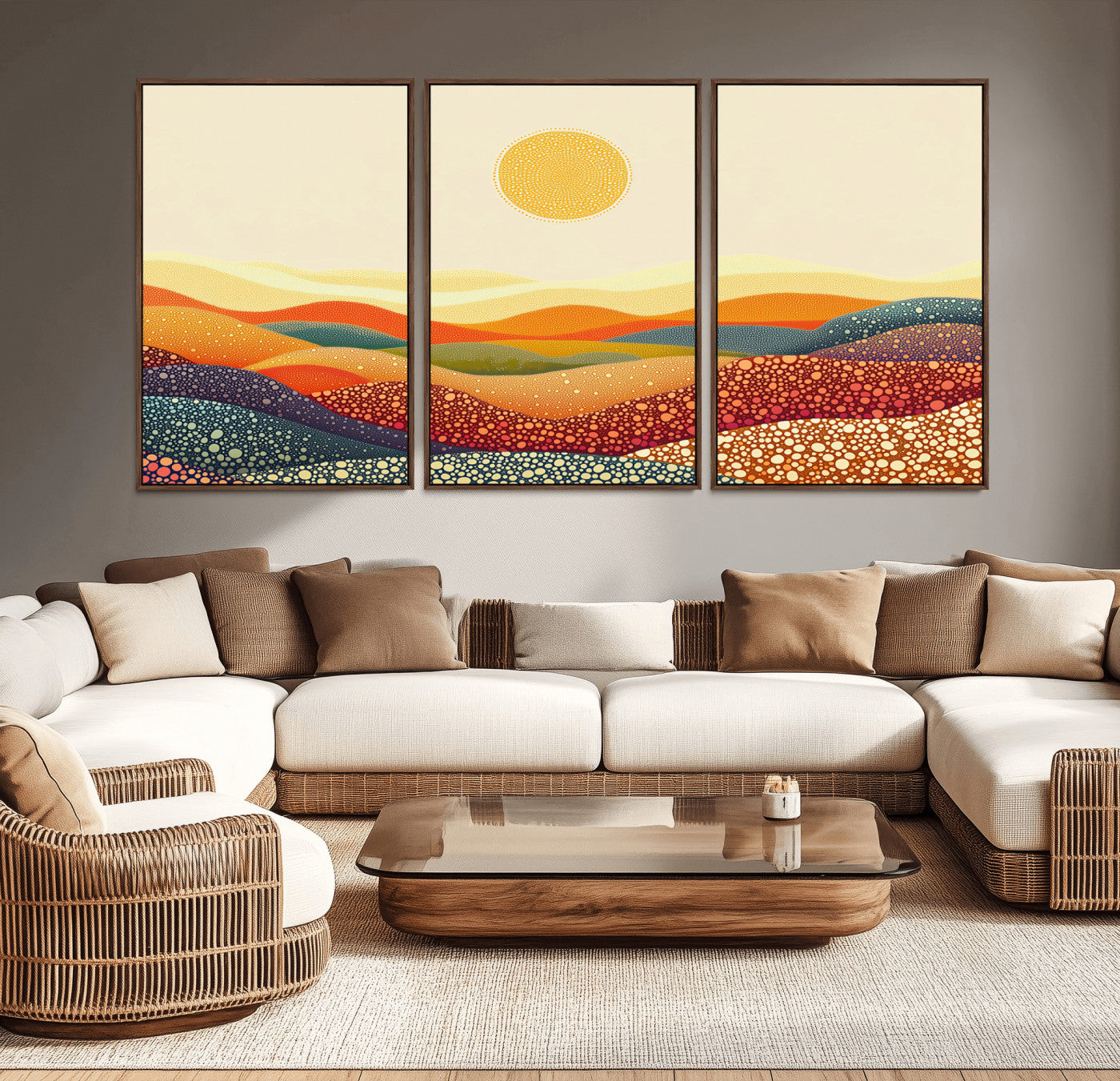 MGV-FC-60X30-3P - YAYOI KUSAMA Colorful Dot Art Landscape Canvas - Framed Abstract Pointillism Inspired by Nature with