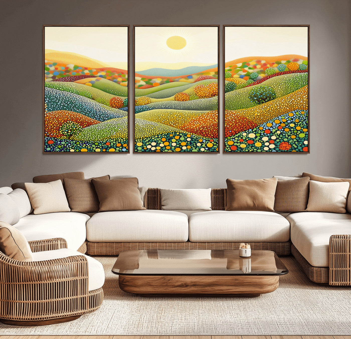 MGV-FC-60X30-3P - YAYOI KUSAMA Wall Art - Colorful Dot Art Landscape Canvas, Framed Japanese Dot Art