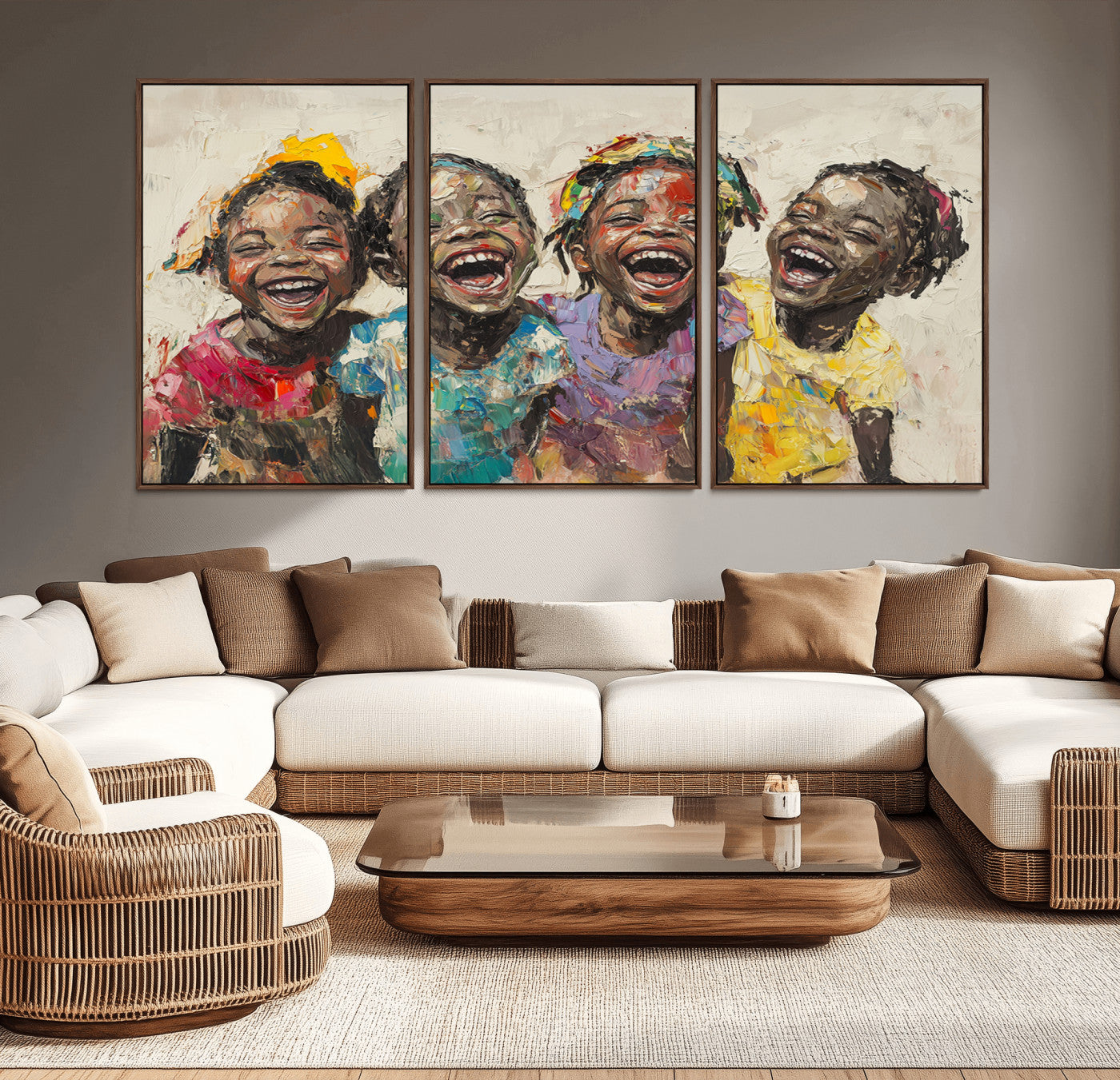 MGV-FC-60X30-3P - Shai Yossef style Joyful Childhood Canvas Wall Art - Expressive Impasto Painting of Black Children