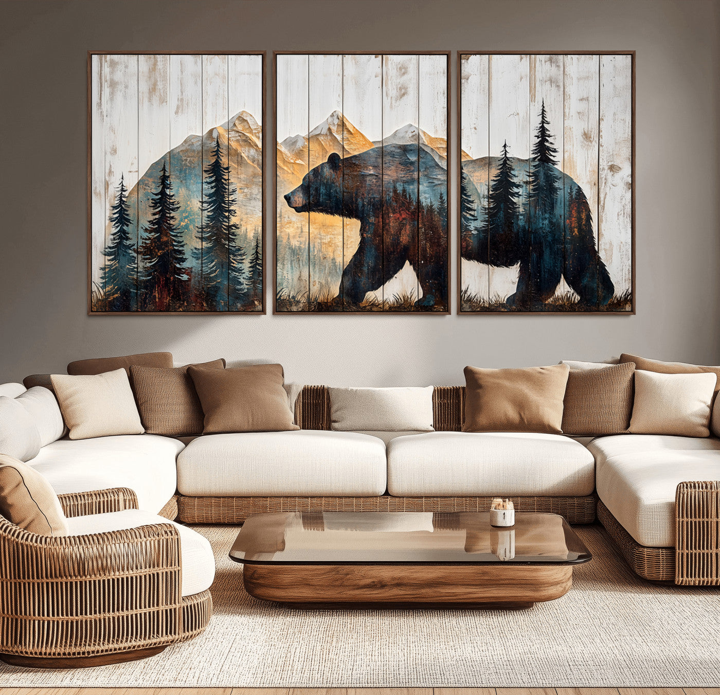 MGV-FC-60X30-3P - Rustic Bear Wall Art - Grizzly 399 Bear Wall Art - Mountain Wood Canvas Wall Art - Nature Theme