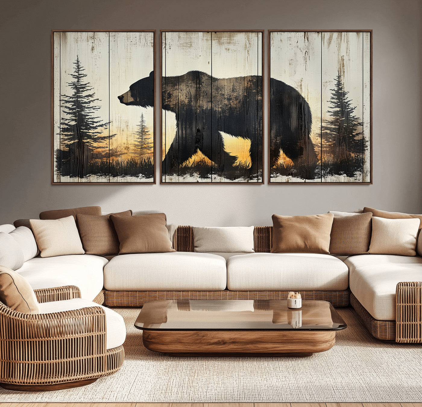 MGV-FC-60X30-3P - Vintage Bear Wall Art Canvas Print for Farmhouse - Mountain Wood Canvas Wall Art - Forest Silhouette