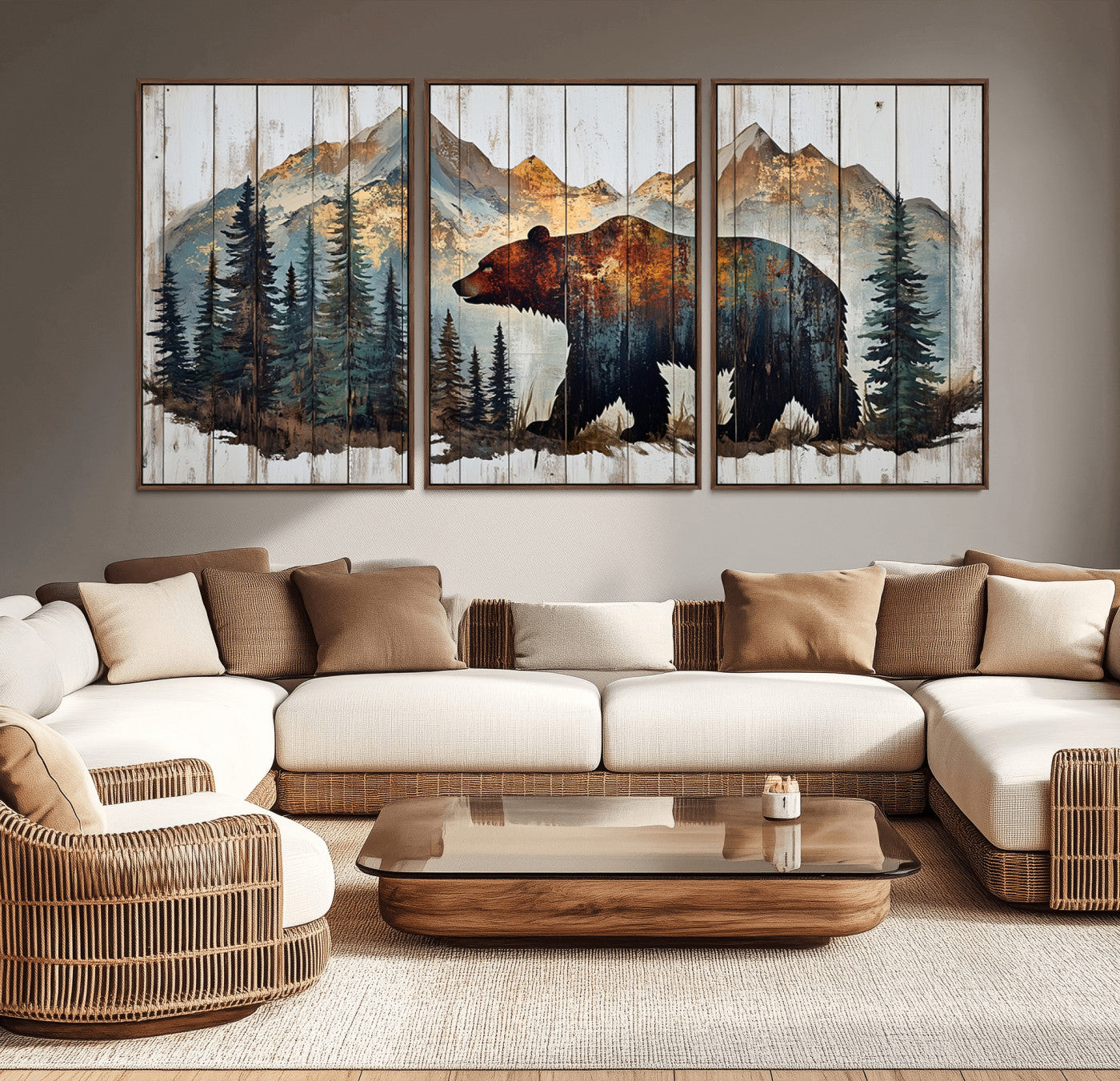 55777-MGV-CV-36X24-Rustic Grizzly 399 Bear and Mountain Wood Canvas Wall Art - Framed Nature Artwork with Forest