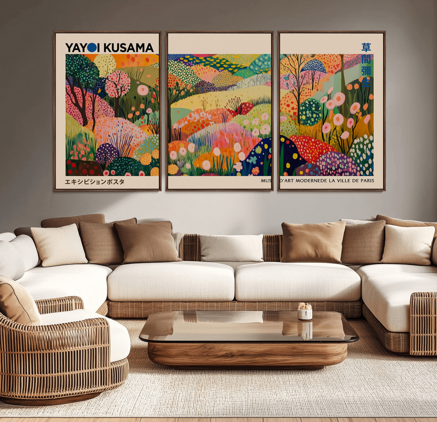 MGV-FC-60X30-3P - Yayoi Kusama Japanese Art Canvas Print, Abstract Art, Large Yayoi Kusama Framed Print, Japanese Wabi