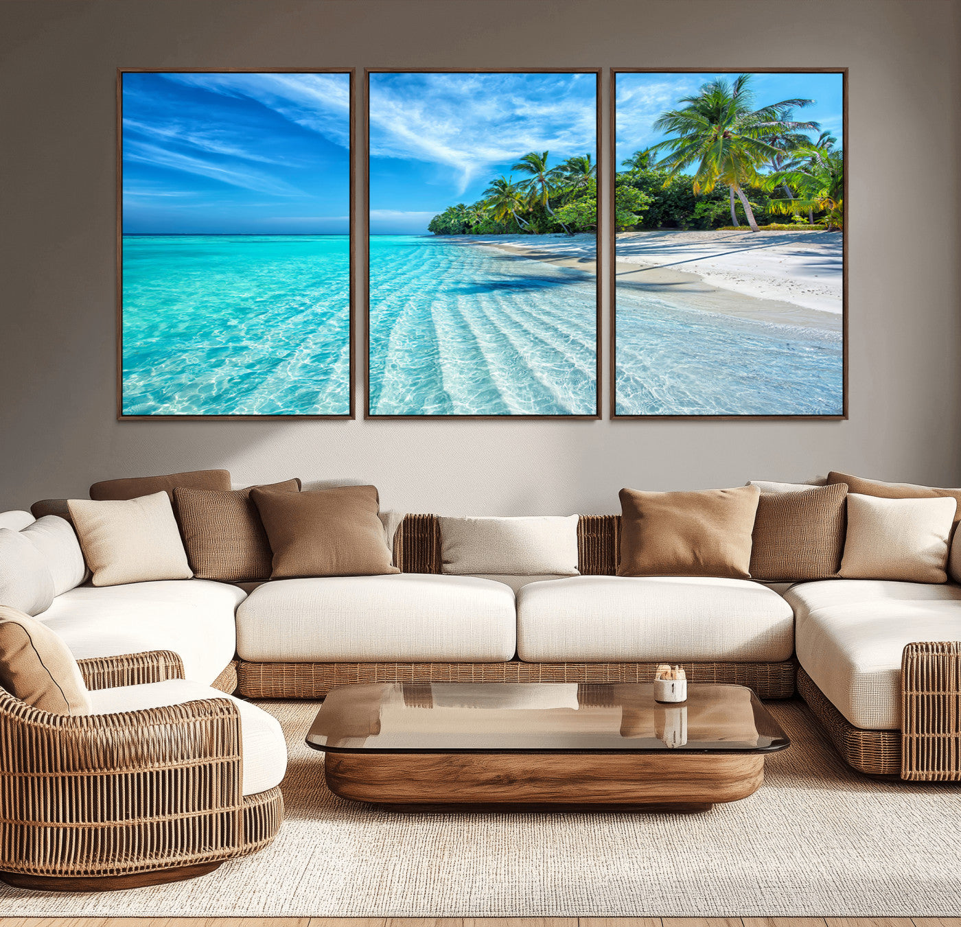 MGV-FC-60X30-3P - Tropical Beach Wall Art Canvas Print - Serene Ocean Landscape with Crystal Clear Turquoise Water and