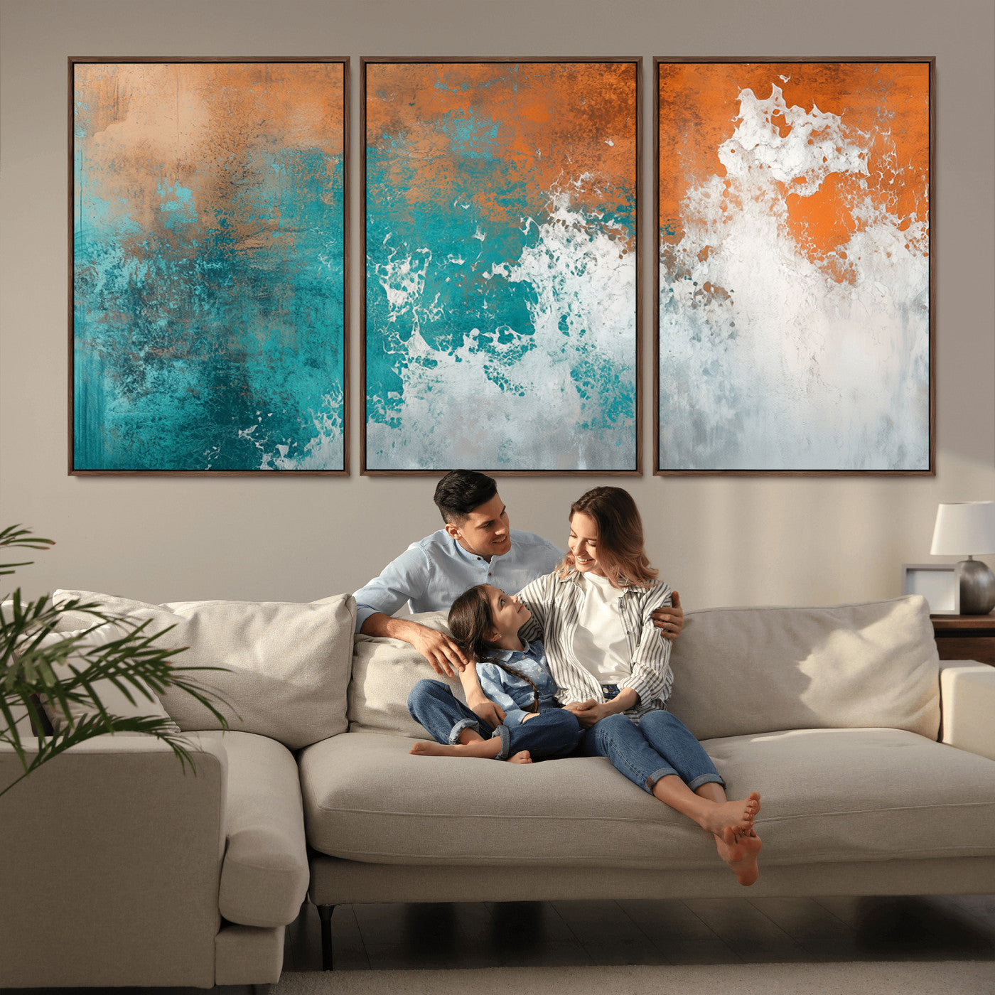MGV-FC-60X30-3P - Vintage Abstract Print - Bold Teal and Orange Canvas Wall Art - Retro-Vintage Abstract Orange Canvas