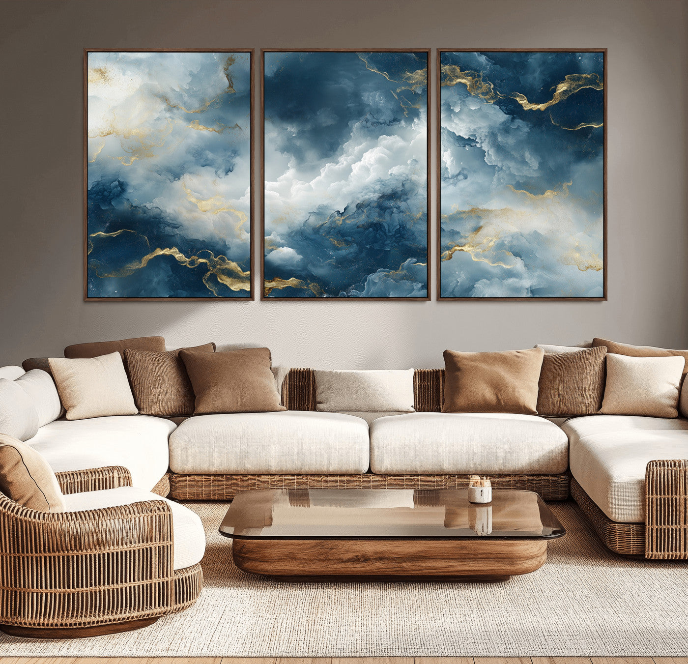 MGV-FC-60X30-3P - Large Abstract Print - Luxe Blue and Gold Abstract Canvas Wall Art - Bold Cloudscape Canvas for