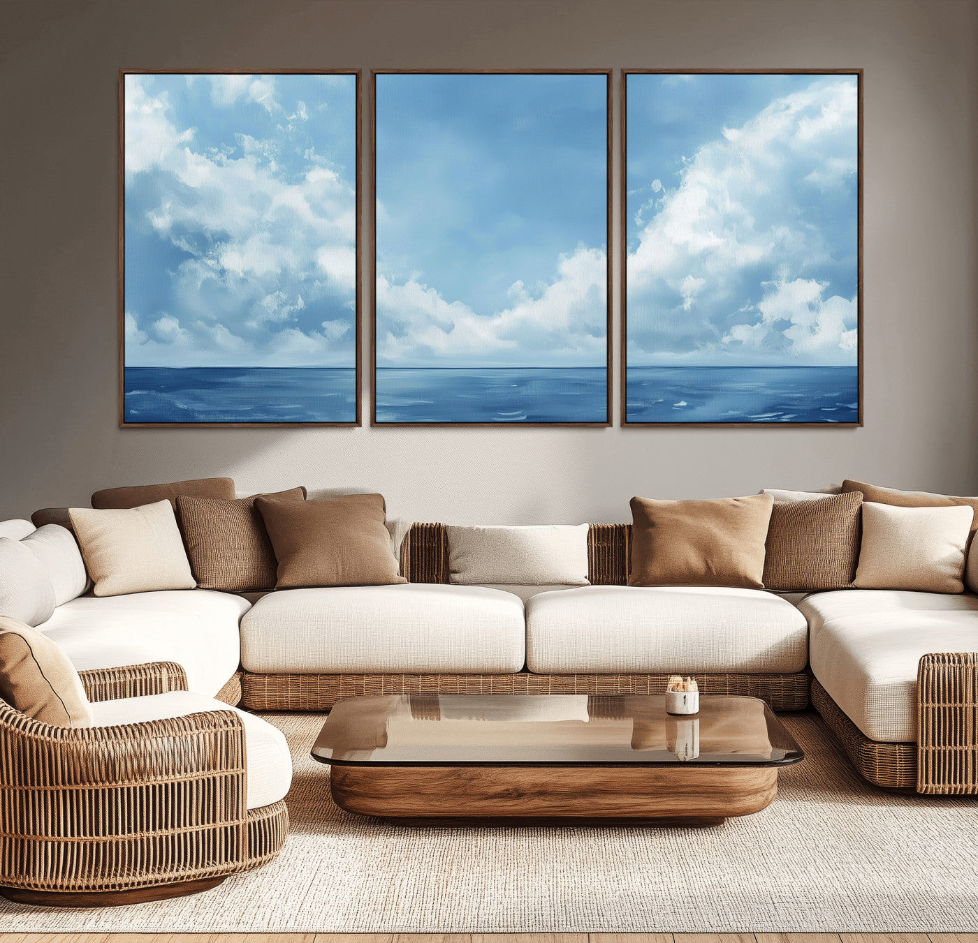 MGV-FC-60X30-3P - Abstract Ocean Print Artwork- Serene Blue Ocean Canvas Wall Art - Minimalist Ocean and Sky Canvas
