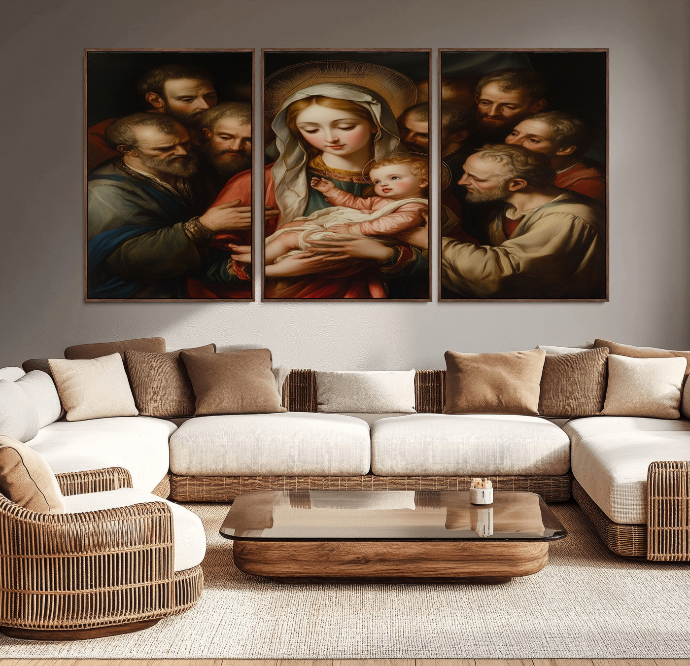 MGV-FC-60X30-3P - Religious Canvas Wall Art Print - Madonna and Child with Apostles Art Print - Classic Christian