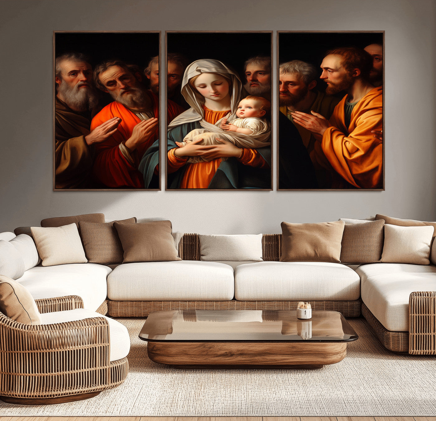 MGV-FC-60X30-3P - Religious Canvas Wall Art Print - Madonna and Child with Apostles Art Print - Classic Christian