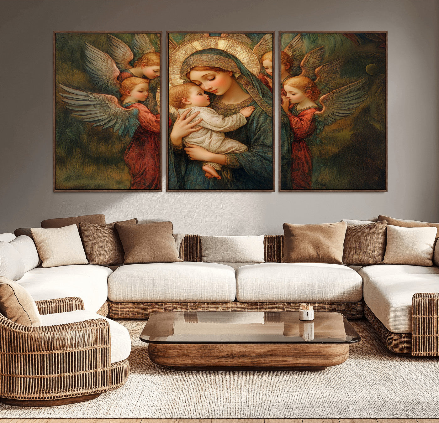MGV-FC-60X30-3P - Mary Jesus Canvas Wall Art Print - Madonna and Child with Angels Art Print - Classic Christian