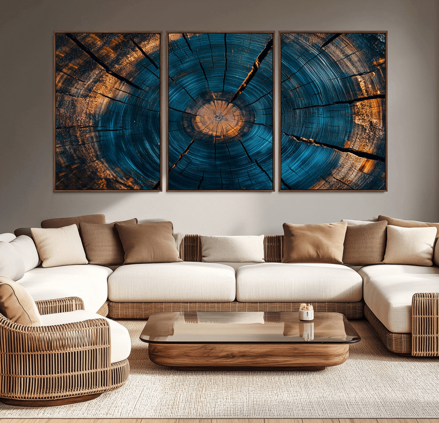 MGV-FC-60X30-3P - Abstract Tree Rings Wall Art Canvas Print - Wood Grain Rings Artwork Print - Nature Woodland Modern
