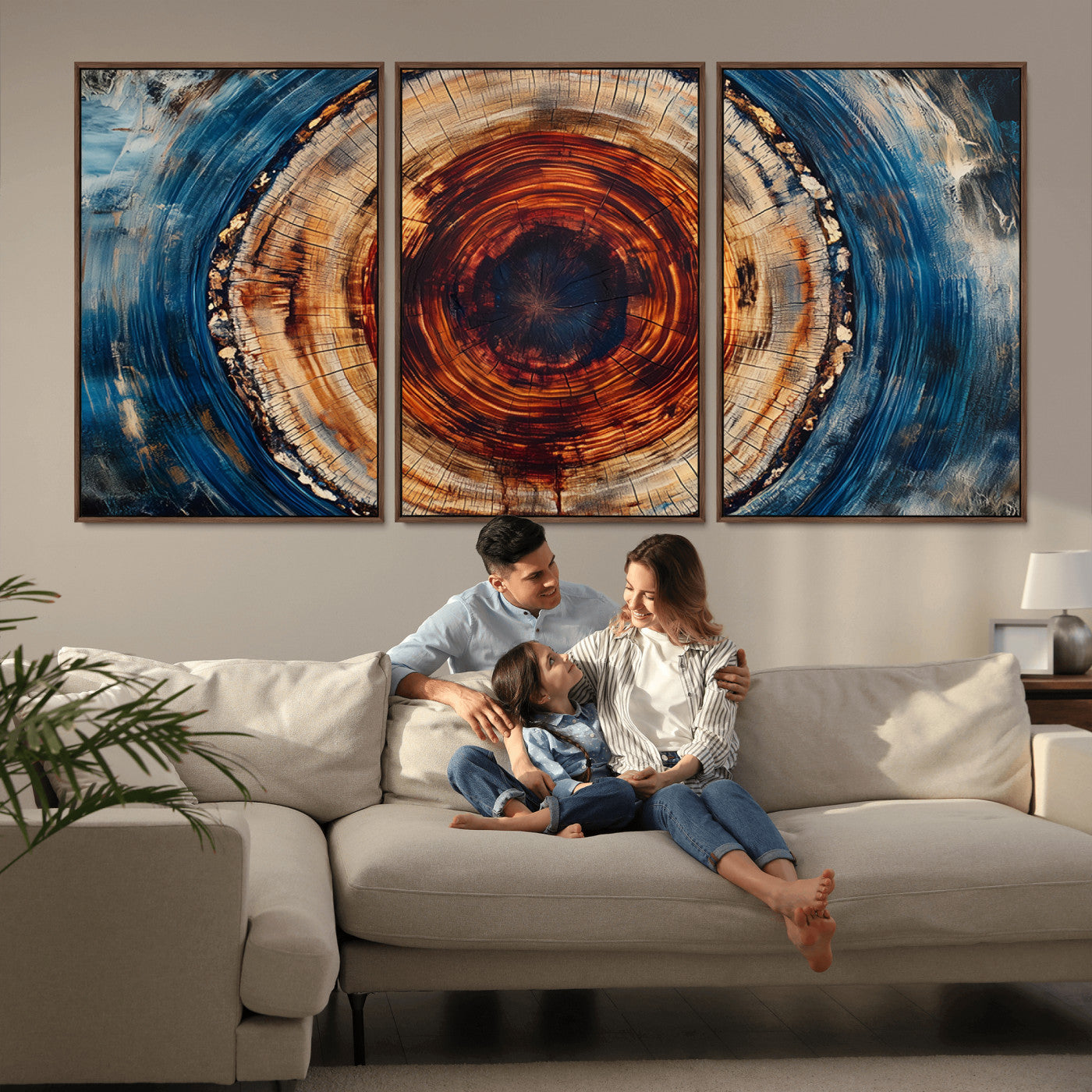 MGV-FC-60X30-3P - Abstract Framed Tree Rings Wall Decor, Wood Grain Rings Artwork Print, Nature Woodland Modern Wall