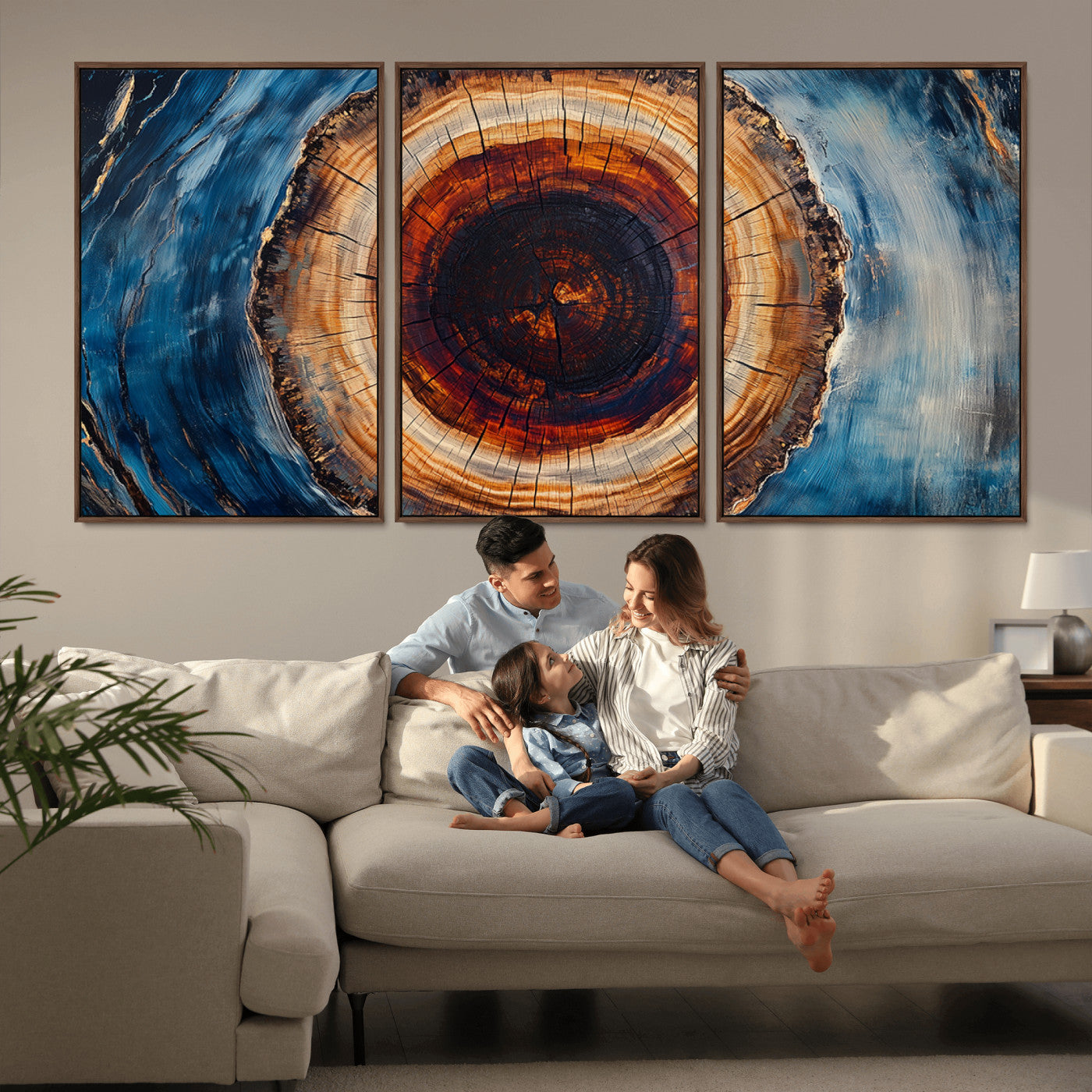 MGV-FC-60X30-3P - Framed Abstract Tree Ring Wall Art Print, Natural Rustic Wood Texture Canvas Print, Wood Tree Stump