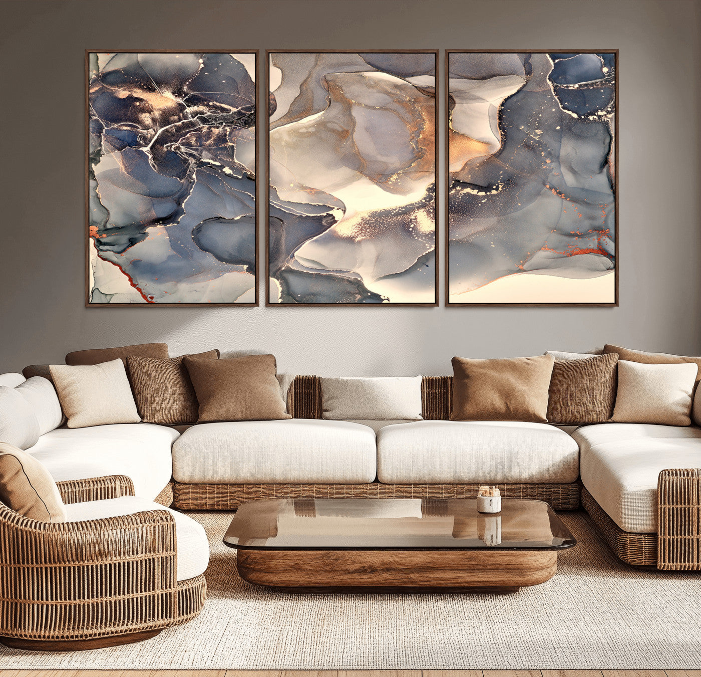 MGV-FC-60X30-3P - Abstract Blue and Gold Wall Art - Fluid Ink Artwork - Modern Luxury Wall Decor for Contemporary