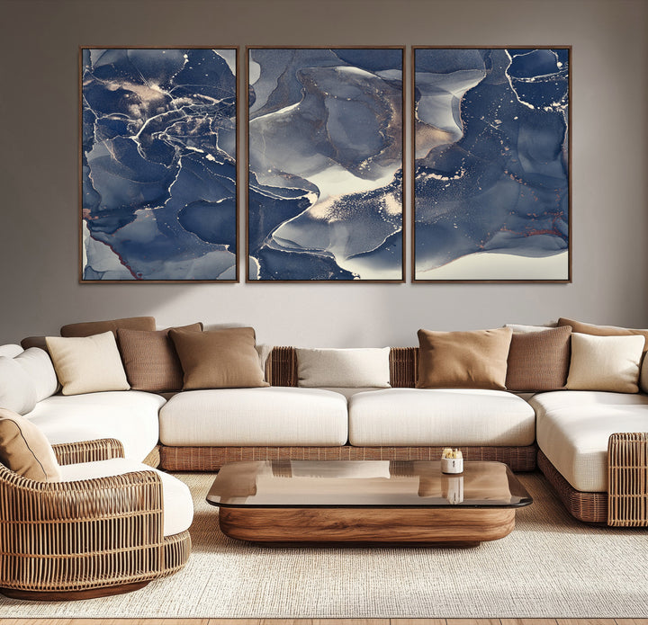 Large Abstract Blue and Gold Canvas Wall Art | Fluid Ink Artwork Print | Luxury Wall Decor for Contemporary Interiors | Framed Ready to Hang