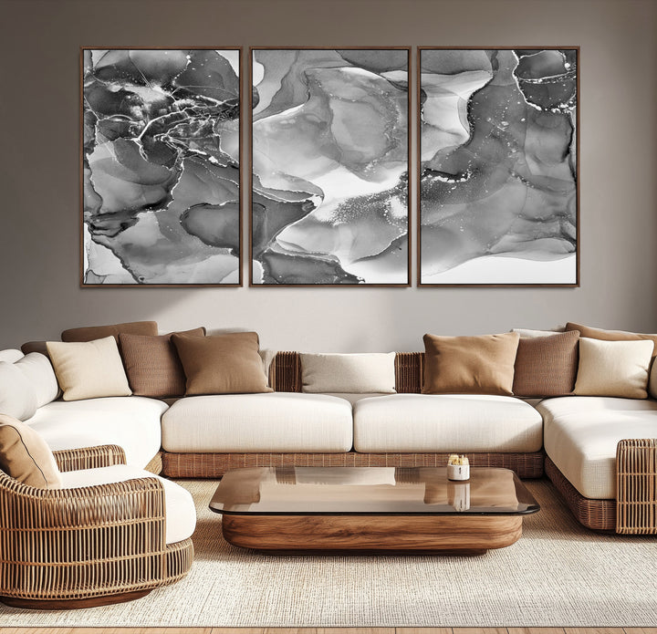 Black White Abstract Canvas Wall Art - Fluid Ink Artwork - Modern Luxury Wall Decor for Contemporary Interiors