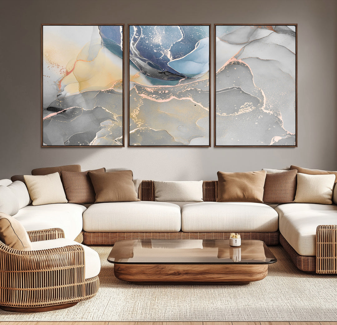 Large Abstract Blue and Gold Canvas Wall Art | Fluid Ink Artwork Print | Luxury Wall Decor for Contemporary Interiors | Framed Blue and Gold