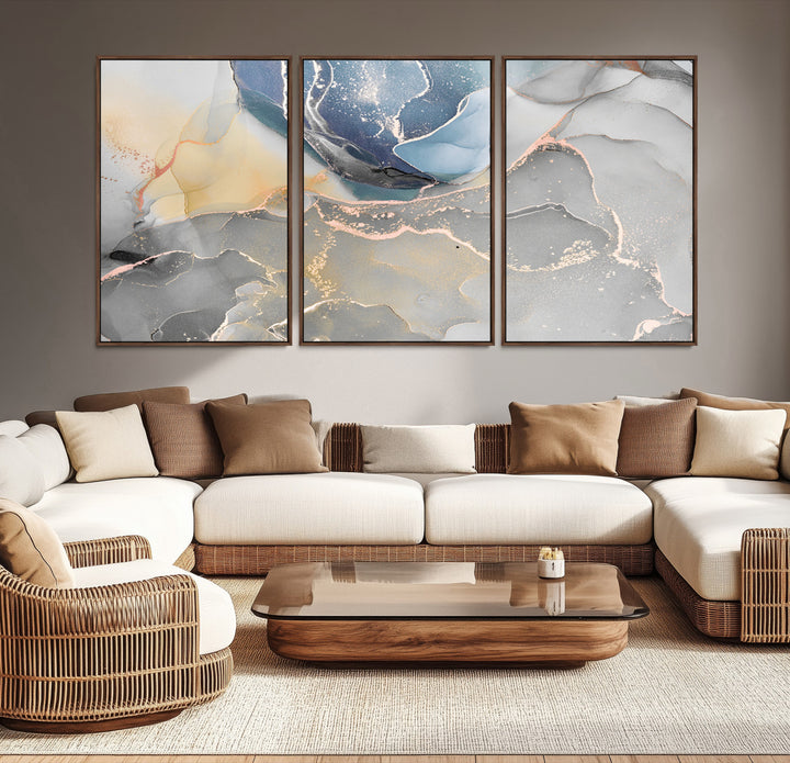 Large Abstract Blue and Gold Canvas Wall Art | Fluid Ink Artwork Print | Luxury Wall Decor for Contemporary Interiors | Framed Blue and Gold