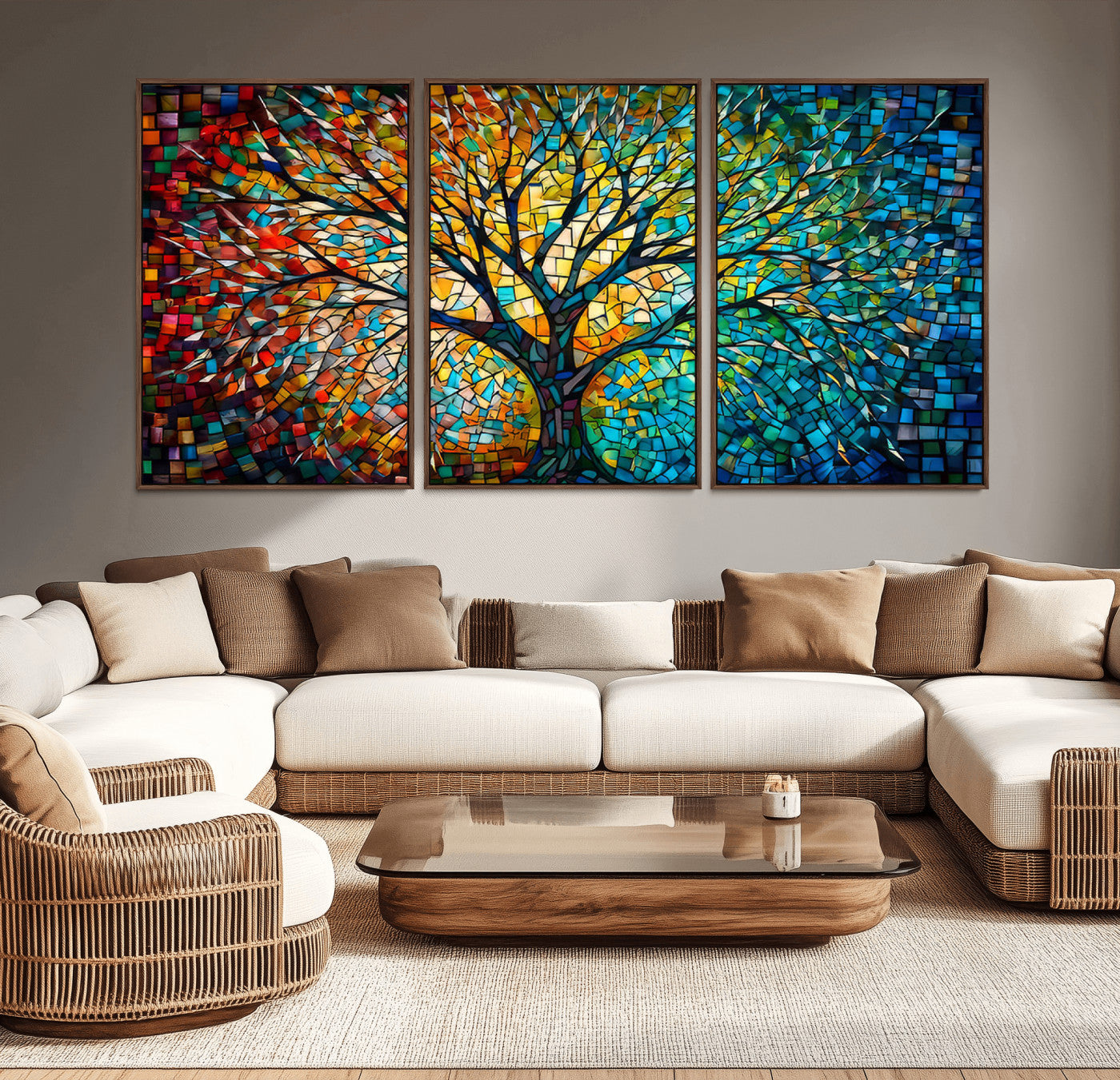 MGV-FC-60X30-3P - Yggdrasil Tree of Life Wall Art Print Canvas | Mosaic Style 3-Panel Canvas Print
