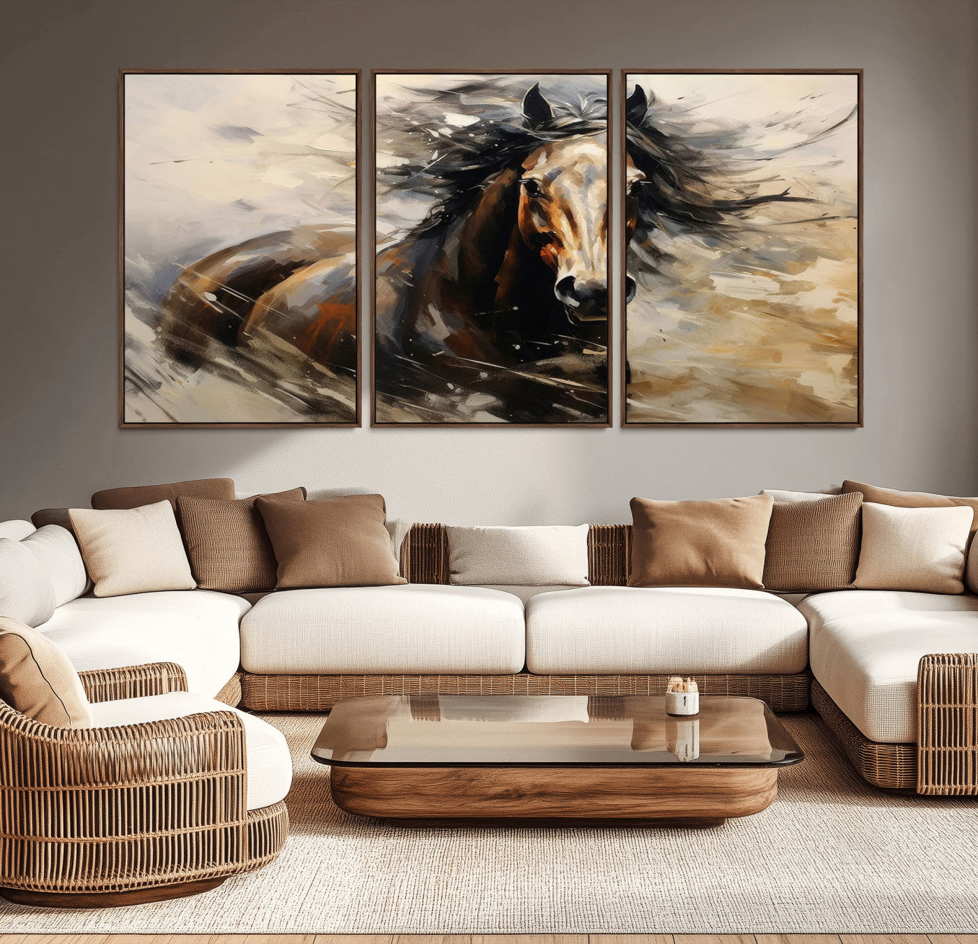 MGV-FC-60X30-3P - Abstract Wall Art Horse Print - Large Western Horse Canvas - Farmhouse Woodland Wall Art - Framed