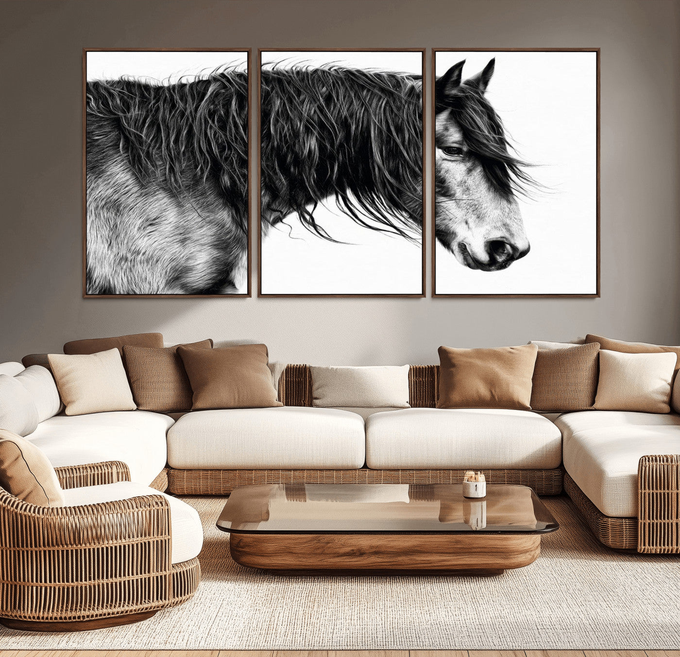 MGV-FC-60X30-3P - Black Horse Wall Art Canvas Print for Farmhouse Decor and Woodland Decoration