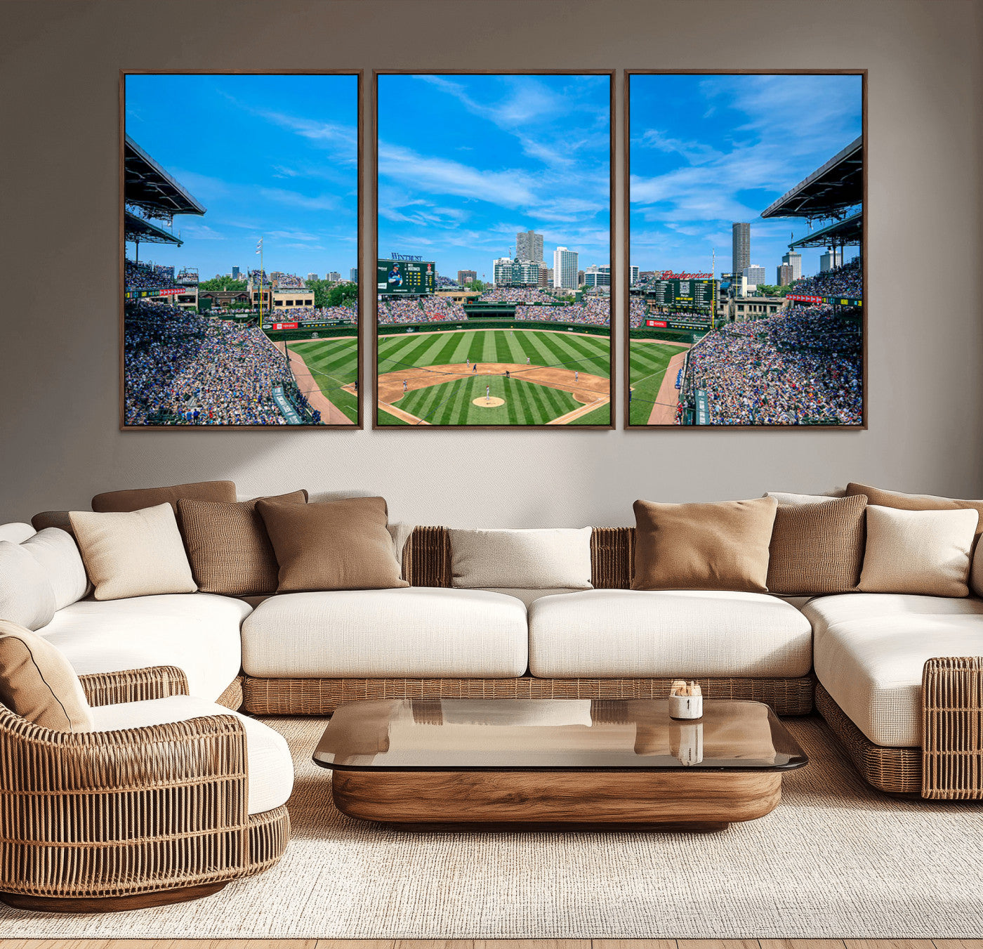 MGV-FC-60X30-3P - Wrigley Field Chicago Cubs Panoramic Art Multi Piece Canvas - Iconic Baseball Stadium Print for