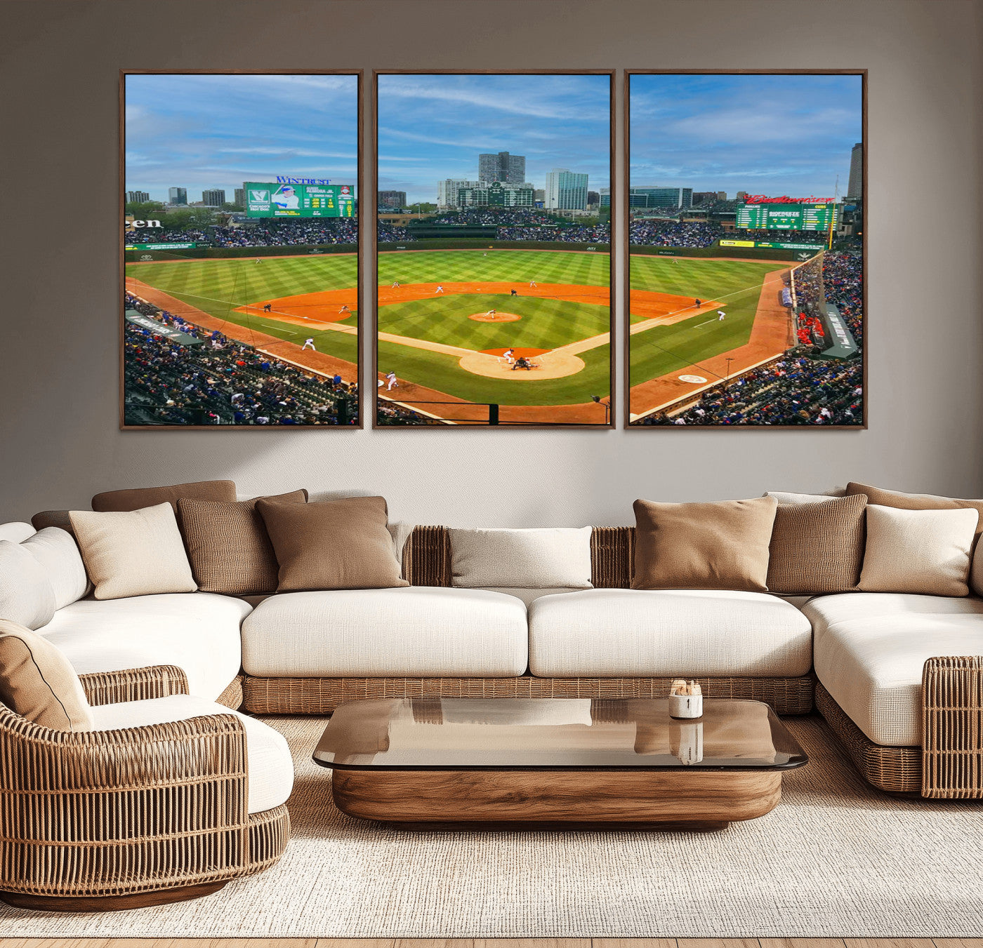 MGV-FC-60X30-3P - Wrigley Field Chicago Cubs Panoramic Multi Piece Canvas Wall Art - Iconic Baseball Stadium Print for