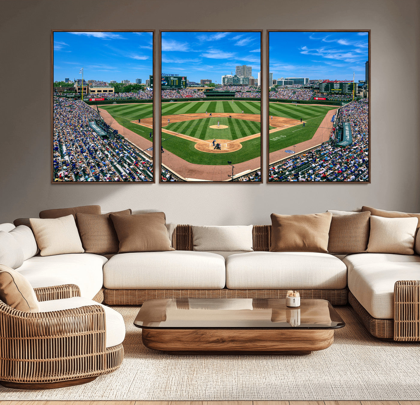 26064-MGV-CV-30X20-Framed Wrigley Field Chicago Cubs Print, Panoramic Multi Piece Canvas Wall Art - Iconic Baseball Stadium Print for Sports Lovers - Ready to