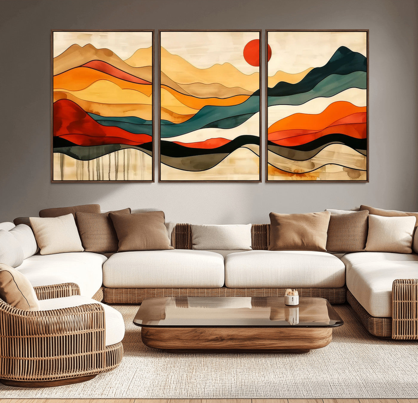 A vibrant abstract landscape featuring layered hills in rich earth tones with a striking red sun, evoking warmth and movement in a minimalist style.