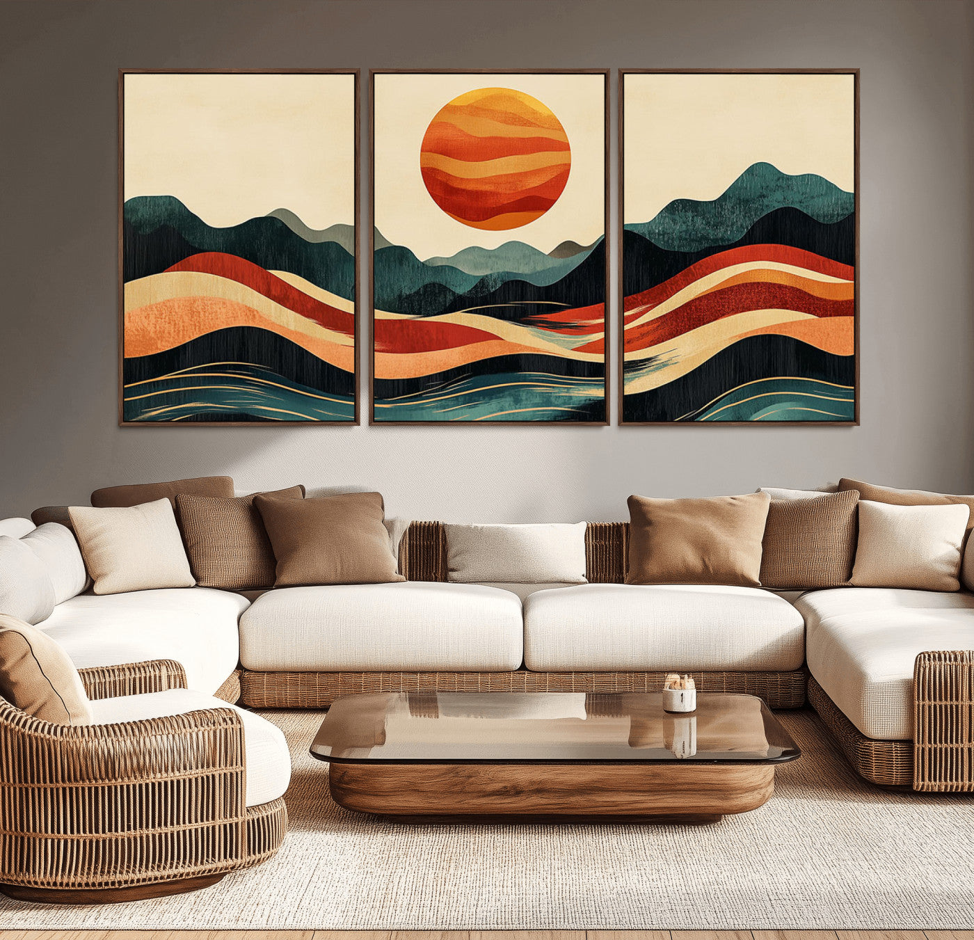 MGV-FC-60X30-3P - Mountain Triptych Wall Art - Western Nature Prints - Framed Boho Pine Tree Canvas for Log Cabin or