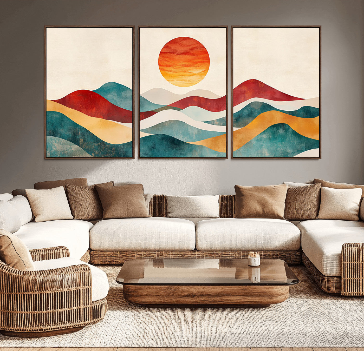 MGV-FC-60X30-3P - Southwest Mountain Canvas - Boho Triptych Wall Art - Rustic Woodland Nursery Decor - Abstract Nature