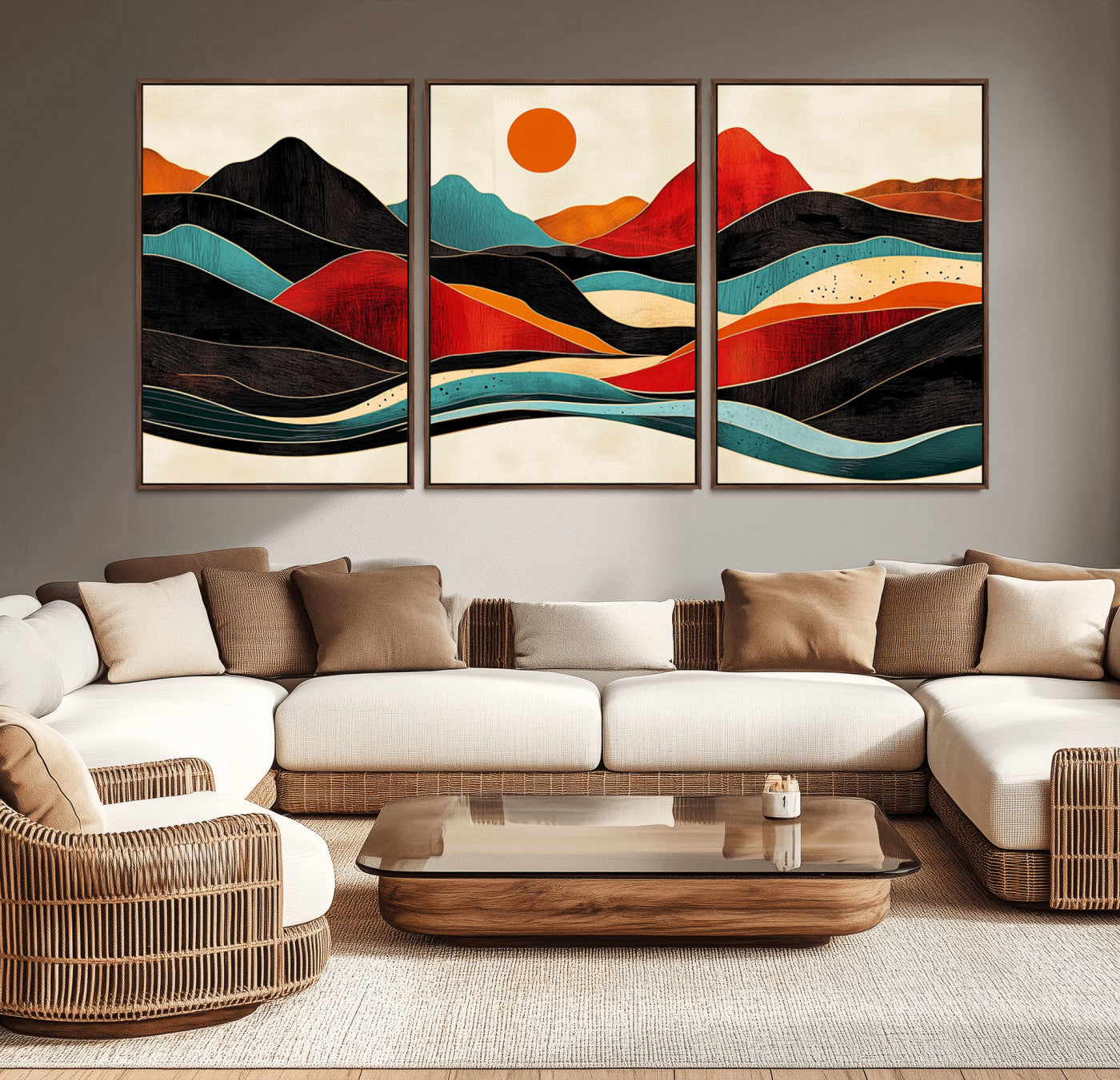 MGV-FC-60X30-3P - Western Wall Decor - Large Triptych Mountain Canvas - Boho Woodland Wall Art Print - Framed