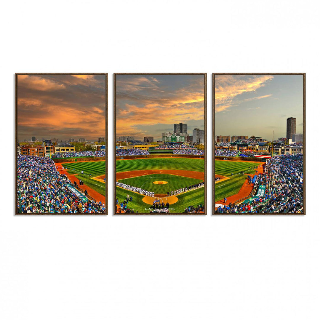 Aerial view of Wrigley Field at sunset against a vibrant sky, creating the perfect Chicago Wrigley Field Canvas Wall Art.