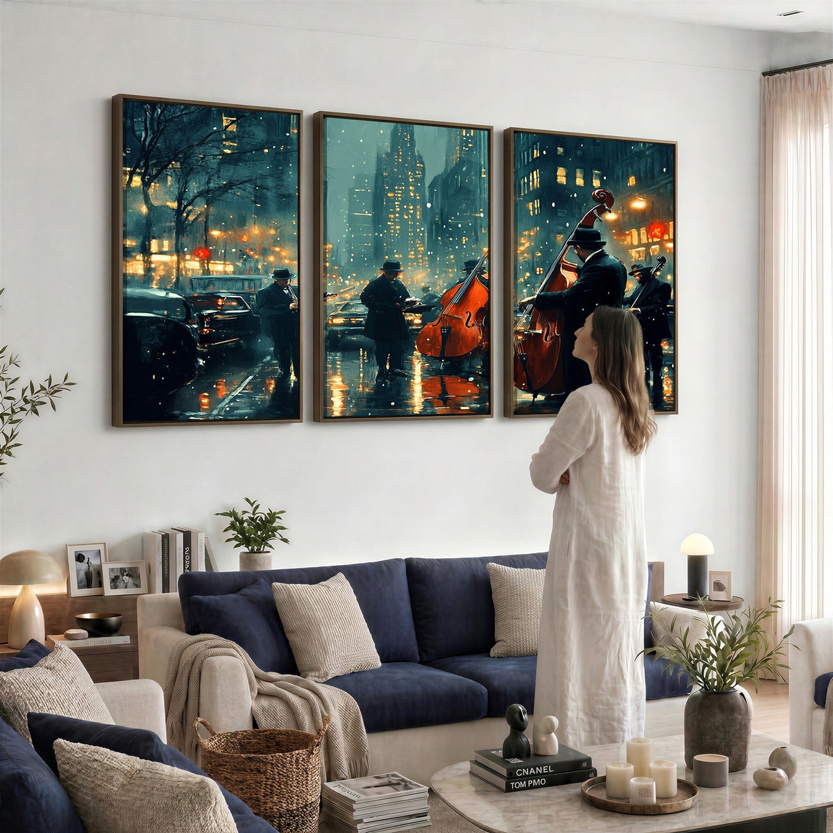 53391-MGV-CV-24X16 - Urban Night Jazz Wall Art Canvas Print | Moody Rain Soaked City Street Band Scene