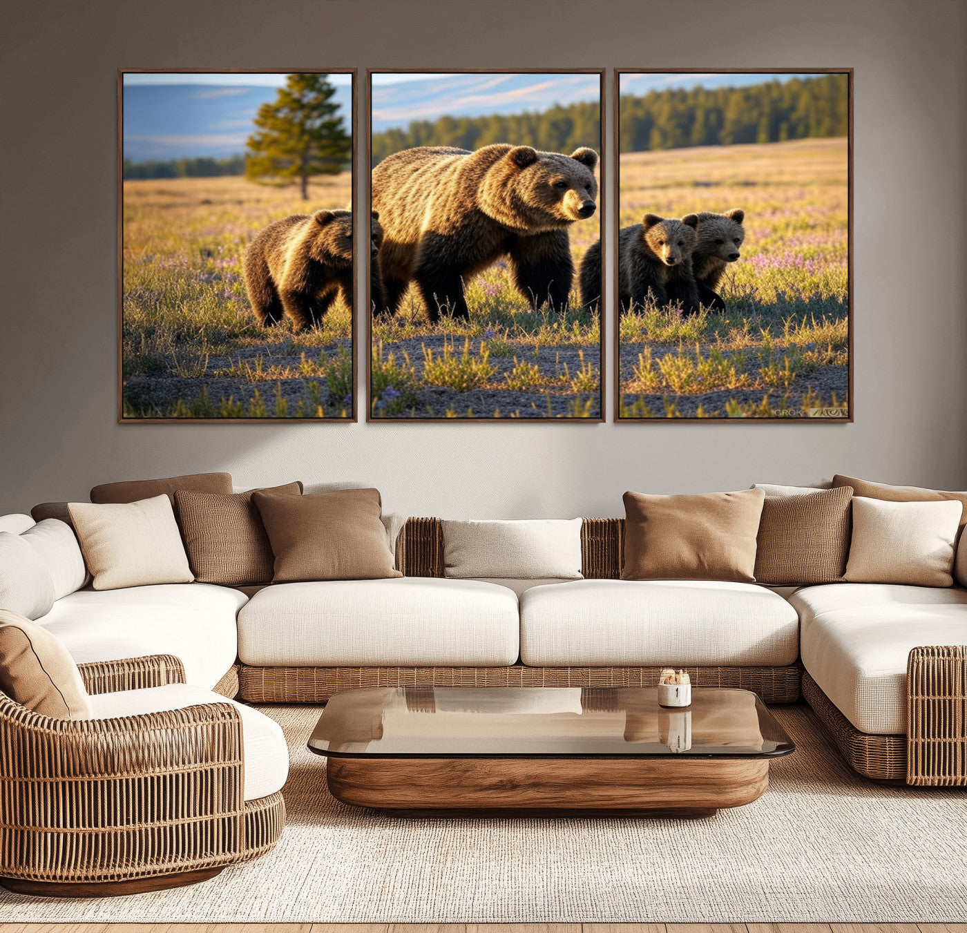 MGV-FC-60X30-3P - Grizzly 399 in Wild Flowers Wall Art Canvas Print, Grizzly Bears Wall Art, Queen of Grand Teton
