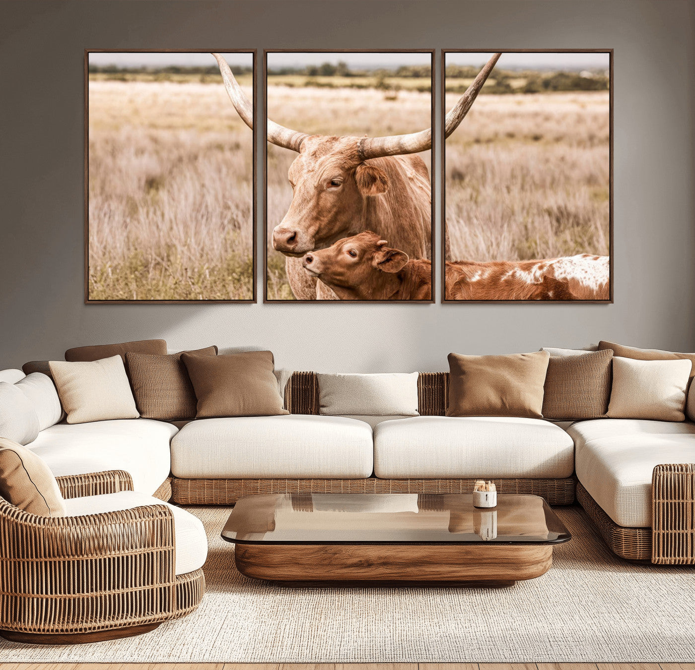 MGV-FC-60X30-3P - Texas Longhorn Cow Wall Art Canvas Print for Farmhouse Wall Art, Texas Decor, Western Wall Art Print