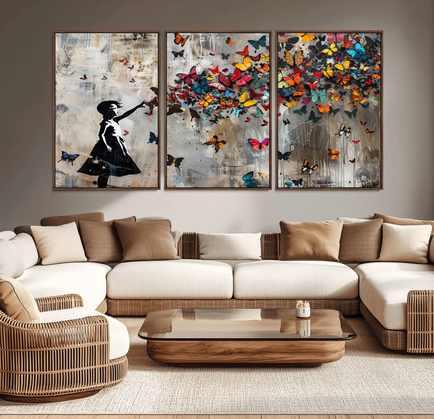 MGV-FC-60X30-3P - Banksy Butterfly Girl Wall Art | 3-Piece Butterfly Girl Canvas