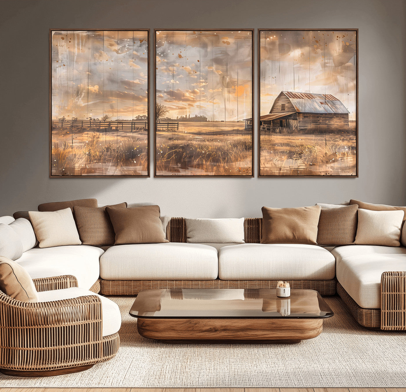 MGV-FC-60X30-3P - Rustic Farmhouse Wall Art Canvas Print | Barn and Field Canvas Print | Vintage Country Landscape