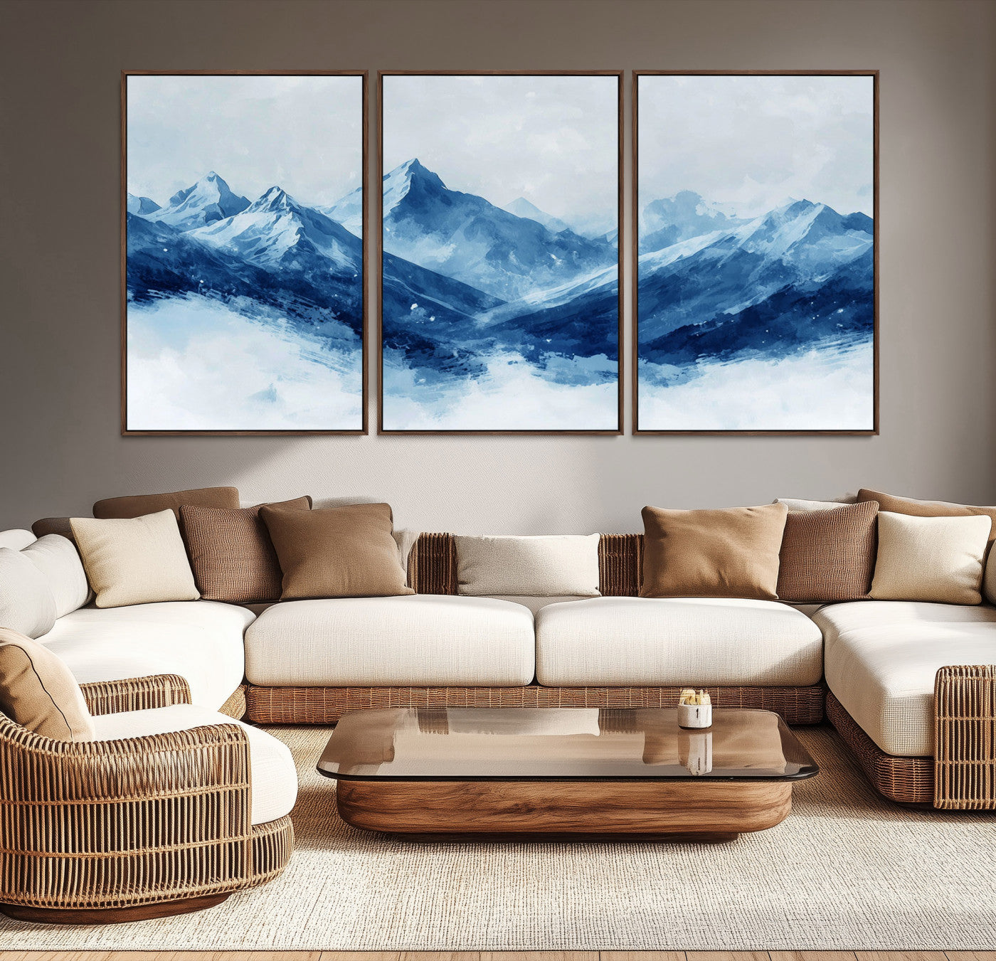 Peaceful watercolor-style painting of snowy blue mountains in soft tones, perfect for winter-themed or minimalist wall decor.