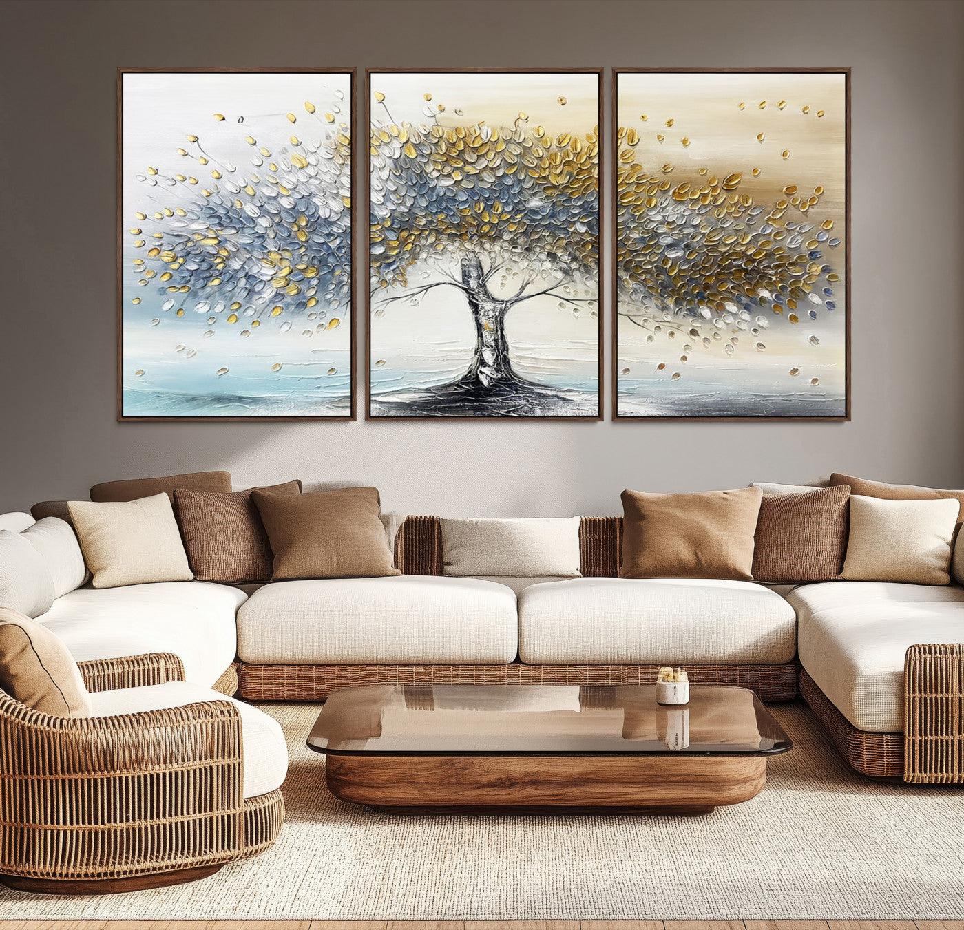 Canvas of a silver and gold textured tree with a soft neutral background, ideal for elegant and minimalist home decor styles.
