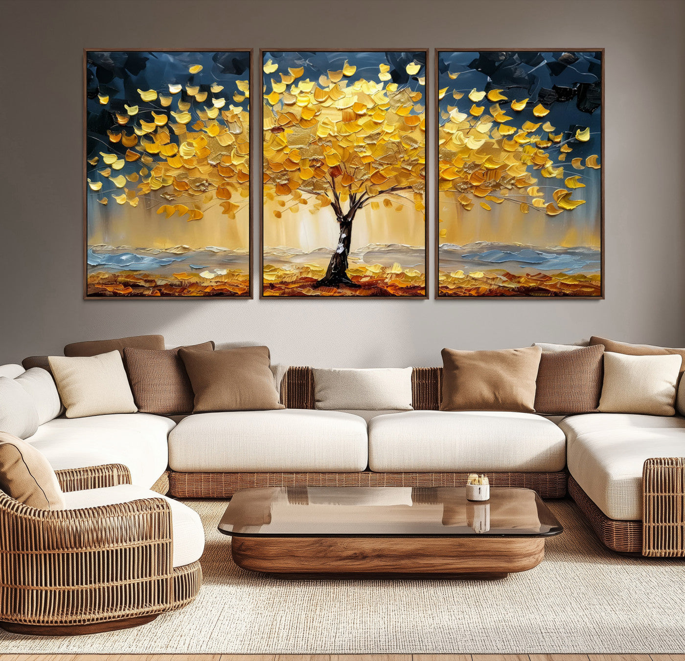 Canvas of a golden autumn tree with textured brushstrokes and moody blue skies, perfect for dramatic and vibrant home decor.